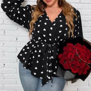 Black Heart Print Wrap Top